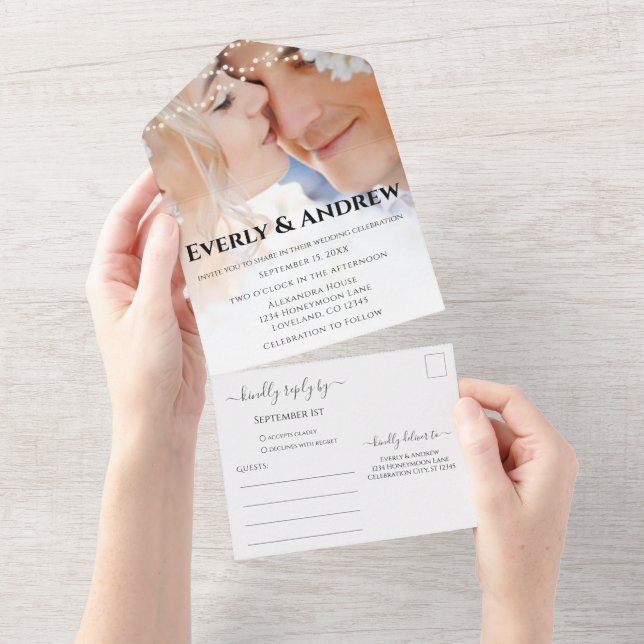 Your Photo Simple Modern String Lights Wedding All In One Invitation (Tearaway)