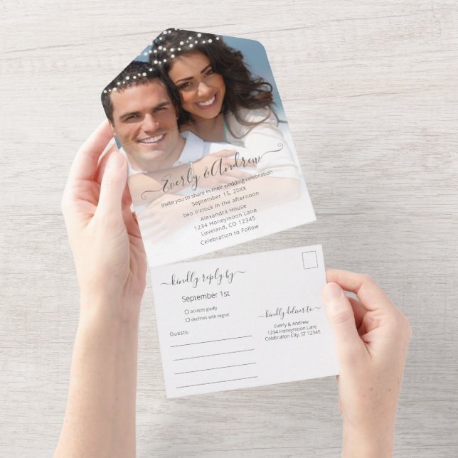 Your Photo Simple Modern String Lights Wedding  All In One Invitation (Tearaway)