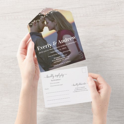 Your Photo Simple Modern String Lights Wedding All In One Invitation