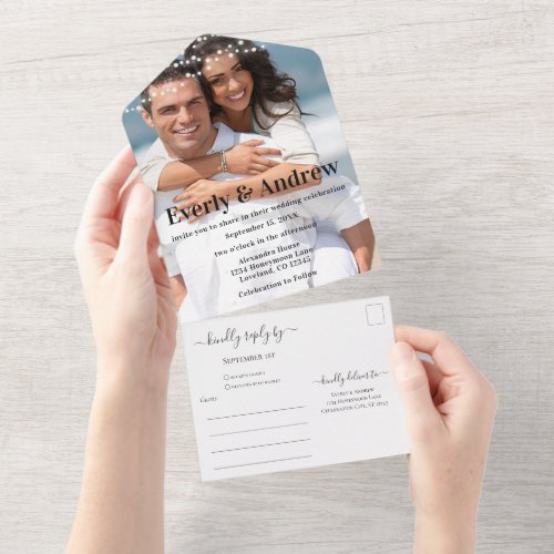 Your Photo Simple Modern String Lights Wedding All In One Invitation