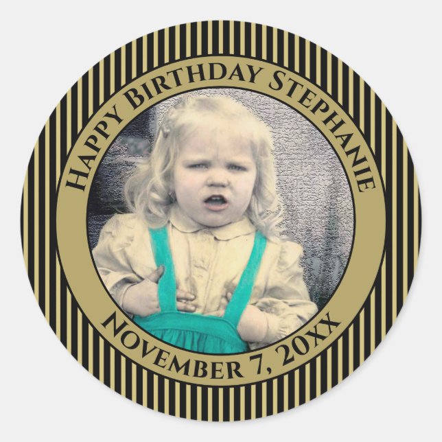 Your Photo Simple Stripes Pattern Black/Gold Classic Round Sticker (Front)