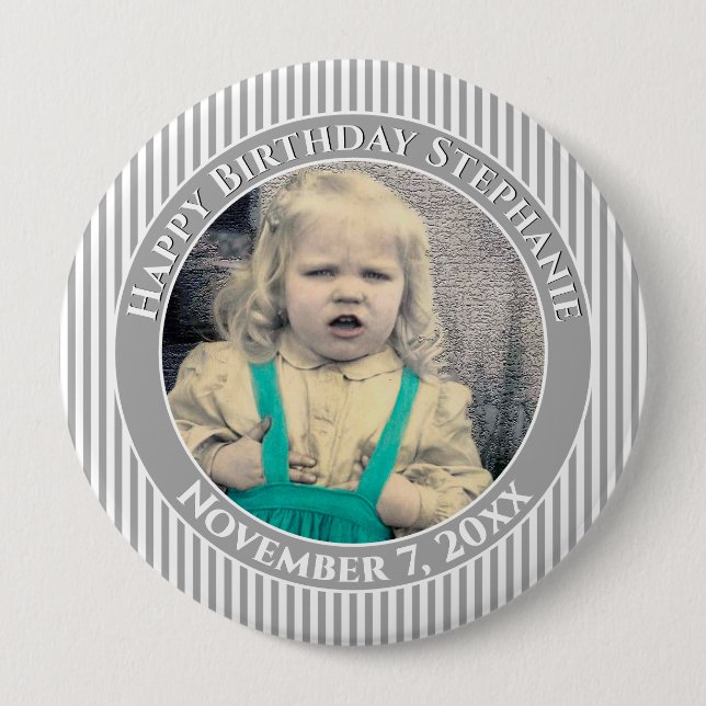 Your Photo Simple Stripes Pattern Gray/White Button (Front)