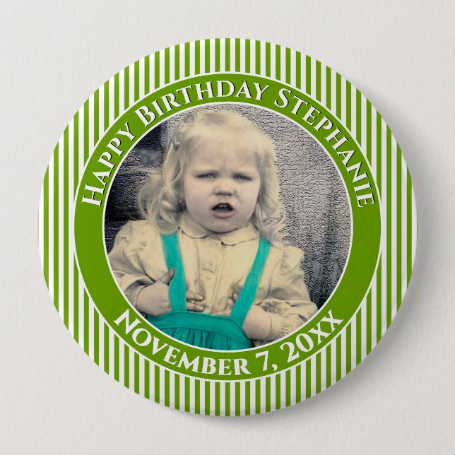 Your Photo Simple Stripes Pattern Green/White Button (Front)