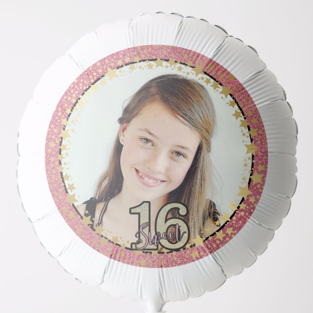 Your Photo Sweet 16 Gold Stars & Pink Glitter  Balloon (Front)