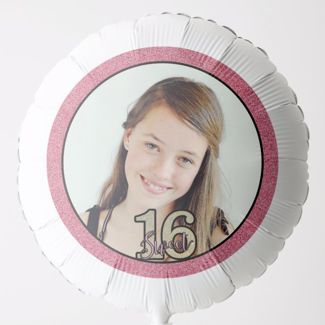 Your Photo Sweet 16 with Pink Glitter Balloon (Front)