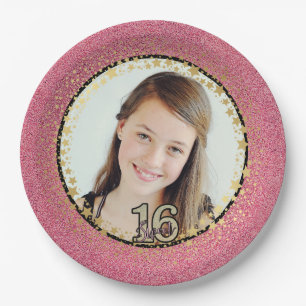 Your Photo Sweet 16 with Pink Glitter Bowl Paper P Plates