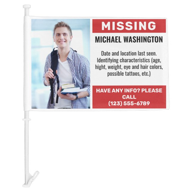 YOUR Photo & Text MISSING Car Flag (Front)