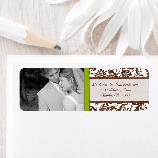 Your Photo Vintage Apple Green Brown Damask Label (Insitu)