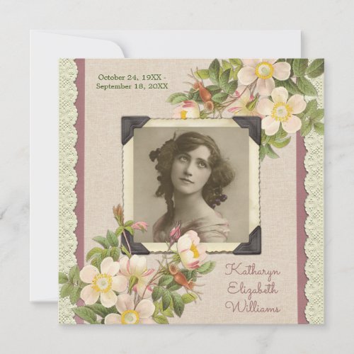 Your Photo Vintage Wild Roses Lace Memorial Death Announcement
