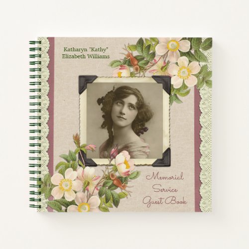 Your Photo Vintage Wild Roses Memorial Guest Book
