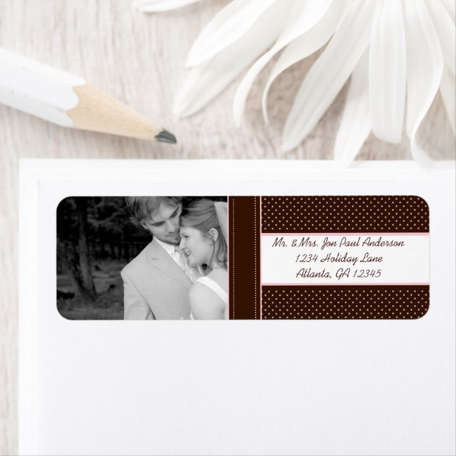 Your Photo Wedding Deep Brown & Pink Dots Label (Insitu)