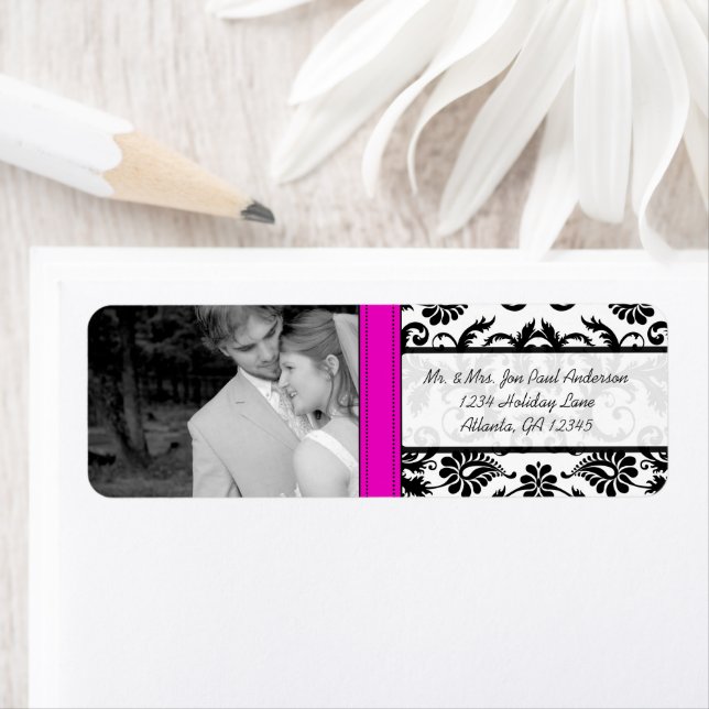 Your Photo Wedding Fuchsia Vintage Damask Label (Insitu)