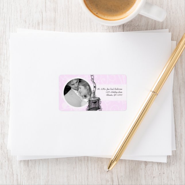 Your Photo Wedding Vintage Birds Lilac Damask Label (Insitu)