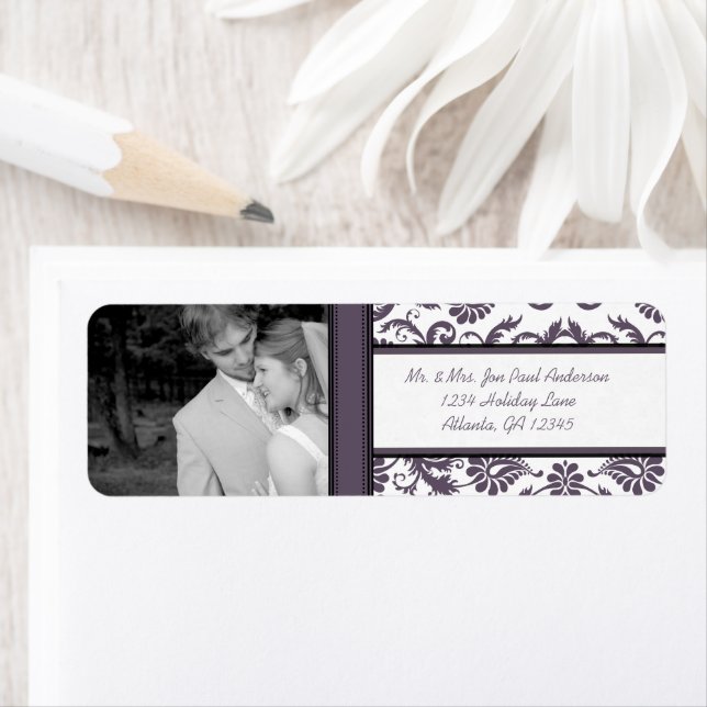 Your Photo Wedding Vintage Eggplant Damask Label (Insitu)