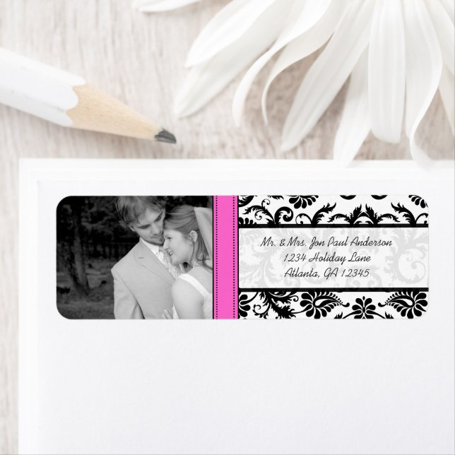 Your Photo Wedding Vintage Pink Damask Label (Insitu)