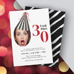 Your Photo with Party Hat Fun 30th Birthday Invitation<br><div class="desc">A uniquely fun and whimsical birthday party invitation featuring a photo of the birthday celebrant wearing a black and white striped party hat with red streaming ribbons. To personalize this invitation with your photo, be sure to closely crop your face in a square and load in place of the sample...</div>
