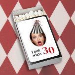 Your Photo with Party Hat Fun 30th Birthday Matchboxes<br><div class="desc">A uniquely fun and whimsical birthday party matchbook favor featuring a photo of the birthday celebrant wearing a black and white striped party hat with red streaming ribbons. To personalize this item with your photo, be sure to closely crop your face in a square and load in place of the...</div>