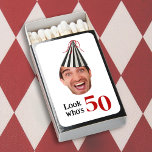 Your Photo with Party Hat Fun 50th Birthday Matchboxes<br><div class="desc">A uniquely fun and whimsical birthday party matchbook favor featuring a photo of the birthday celebrant wearing a black and white striped party hat with red streaming ribbons. To personalize this item with your photo, be sure to closely crop your face in a square and load in place of the...</div>