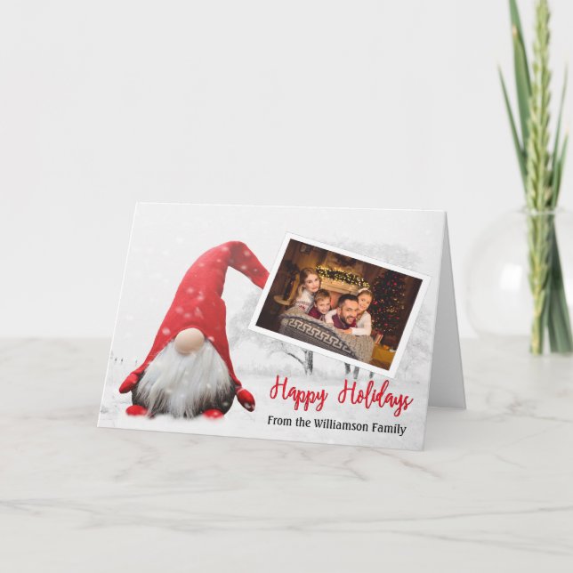 Your Photo With Snowy Gnome Happy Holidays Holiday Card (Front)