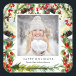 Your Photo with Watercolor Christmas Berries Square Sticker<br><div class="desc">These holiday stickers feature watercolor look berries and leaves,  along with your personal photo and message in the center.</div>