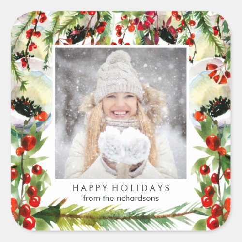 Your Photo with Watercolor Christmas Berries Square Sticker