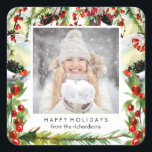 Your Photo with Watercolor Christmas Berries Square Sticker<br><div class="desc">These holiday stickers feature watercolor look berries and leaves,  along with your personal photo and message in the center.</div>
