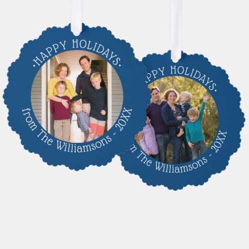 Your Photos and Name Blue Border Holiday Ornament Card