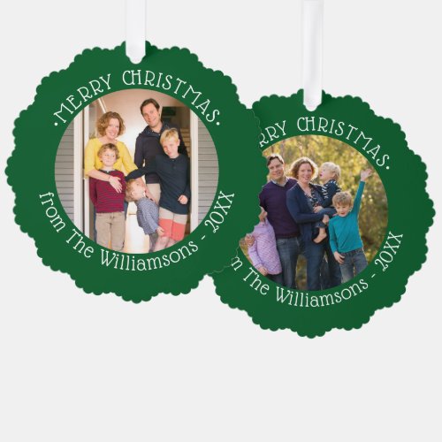 Your Photos and Name Green Border Christmas Ornament Card