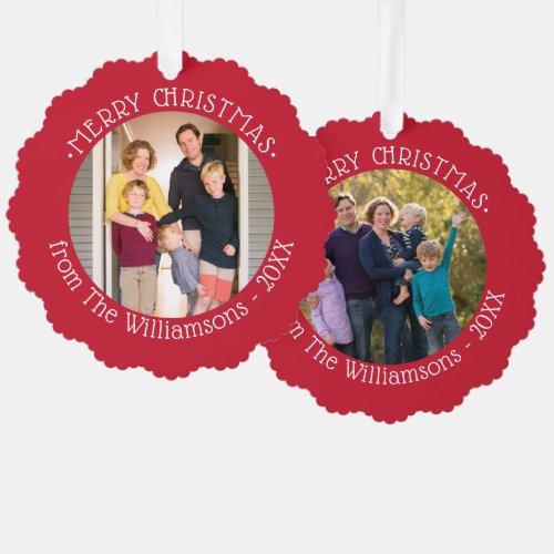 Your Photos and Name Red Border Christmas Ornament Card