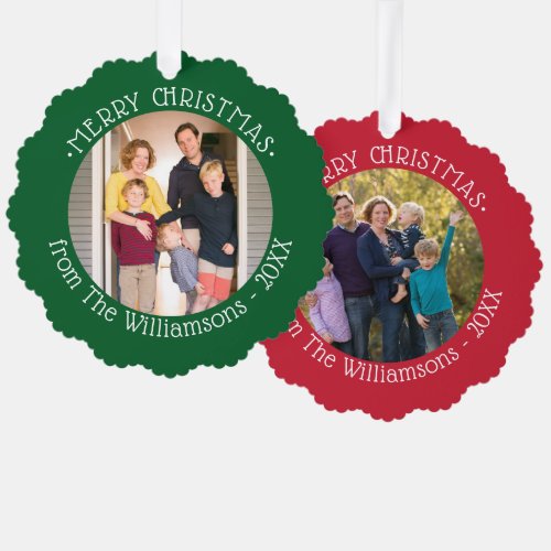 Your Photos and Name Red Green Borders Christmas Ornament Card