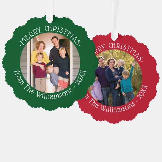 Your Photos and Name Red Green Borders Christmas Ornament Card (Front/Back)