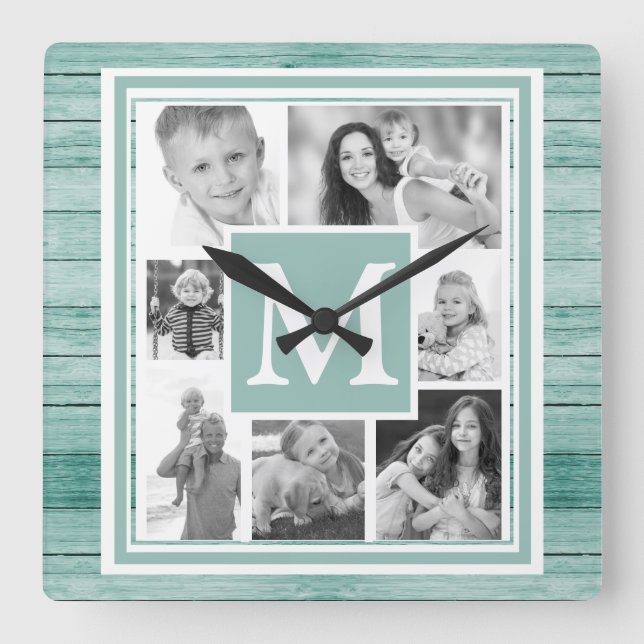 Your Photos Black White Turquoise Nautical Wood Square Wall Clock (Front)