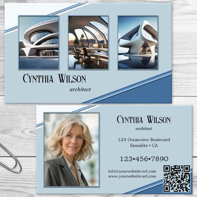 Your Photos Blue Modern Architect Business Card (Business card featuring your photos framed by a modern blue geometric design - architect - design)