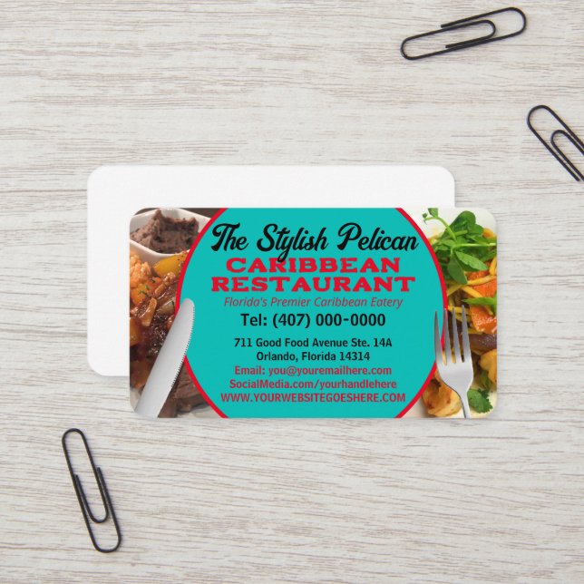 Your Photos Caribbean Restaurant Catering Services Business Card (Front/Back In Situ)