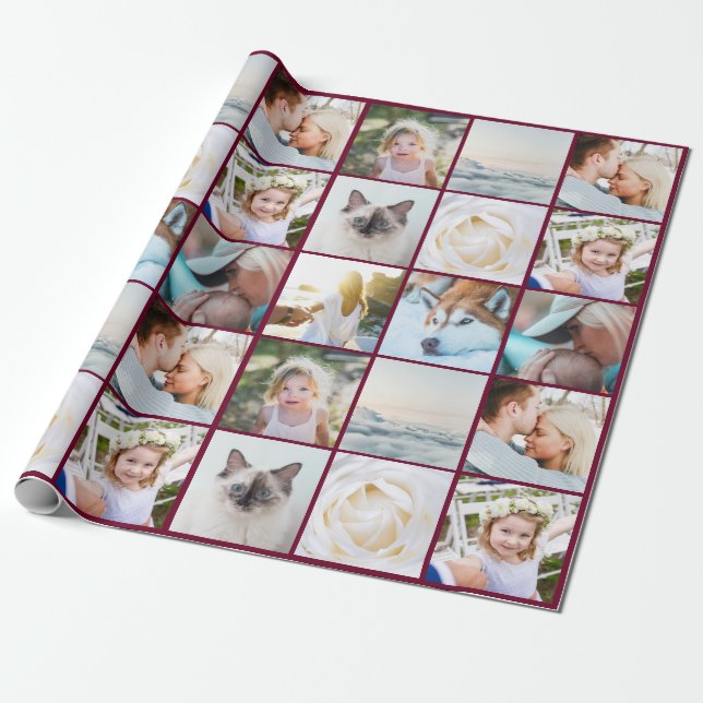 Your Photos Custom Collage Modern Burgundy Wrapping Paper (Unrolled)