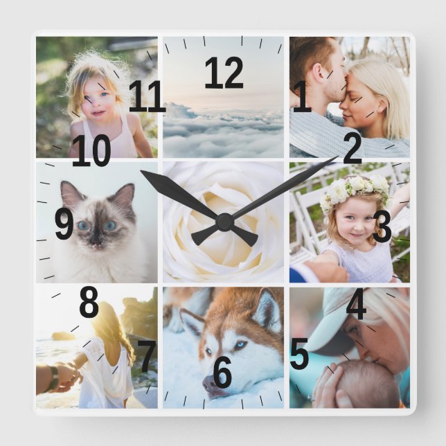 Your Photos Custom Modern Collage Simple Square Wall Clock (Front)