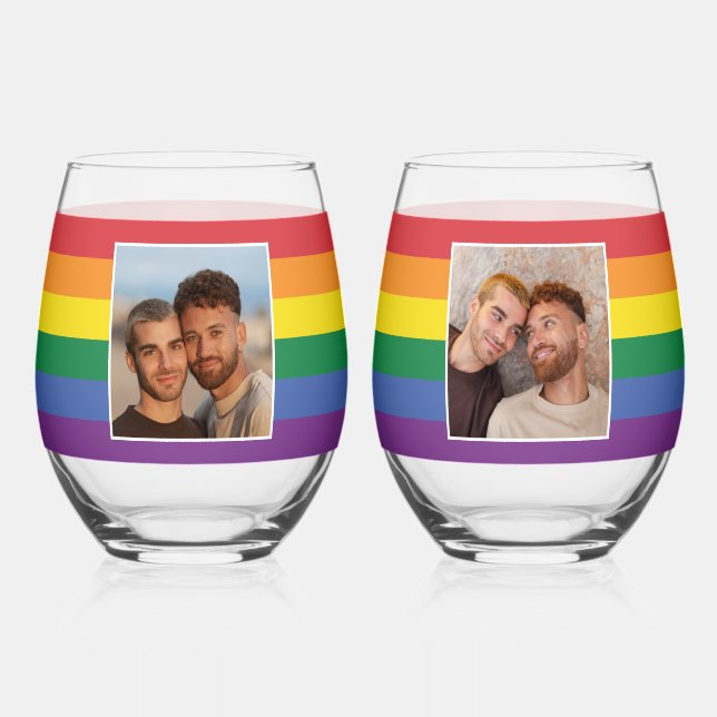 YOUR Photos & Custom Names Rainbow Flag Stemless Wine Glass (Front)
