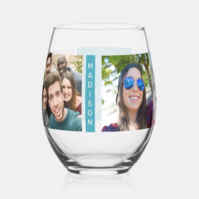 YOUR PHOTOS & Custom Text Stemless Wine Glass (Right)