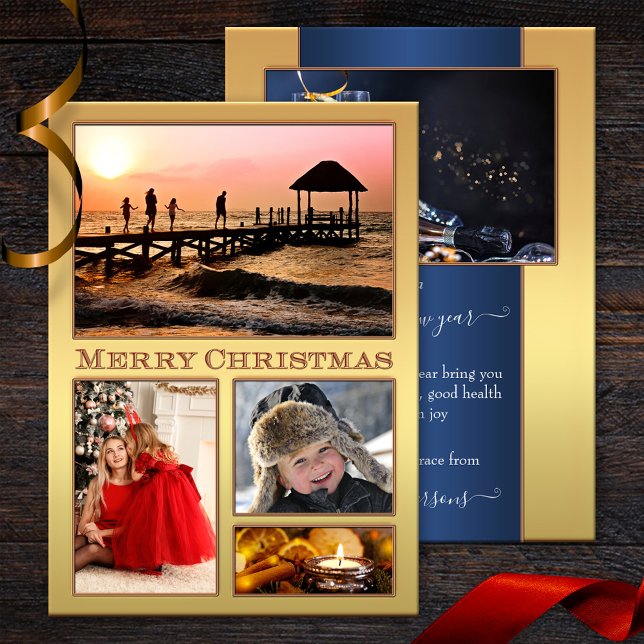 Your Photos Festive Golden Christmas Holidays Card (A Christmas Holidays card featuring 5 of your own custom photos framed by a gold stylized design)