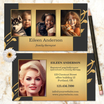 Your Photos Gold Grey Family Therapist Business Card by sunnysites at Zazzle