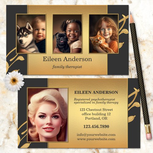 Your Photos Gold Grey Family Therapist Business Card