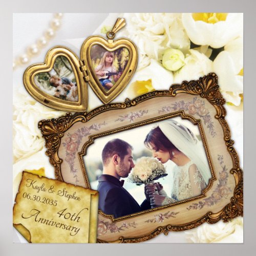 Your Photos Heart Locket Antique Frame Anniversary Poster
