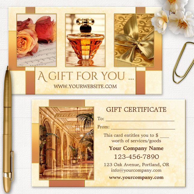 Your Photos Luxury Articles Gift Card (Gift certificate template featuring your photos on a geometric gold stylized background)