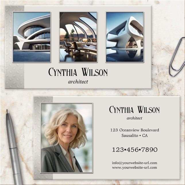 Your Photos Modern Tan Metallic Architect Business Card (Architect business card featuring your photos framed by a modern tan design with metal look strip)
