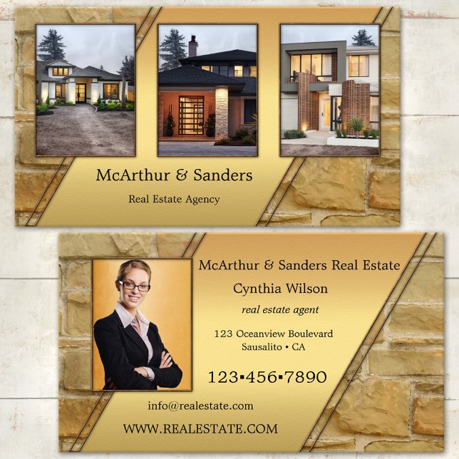 Your Photos Portfolio Real Estate Business Card (Business card featuring your own photo portfolio framed by a stone with gold stylized modern design)