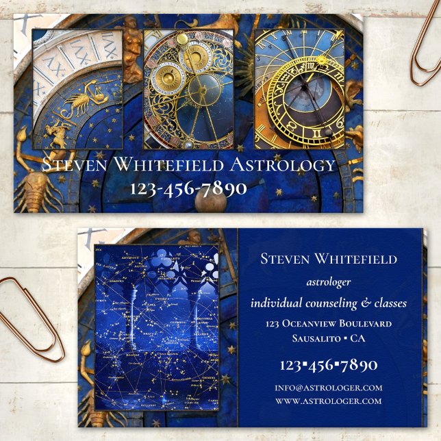 Your Photos Professional Astrologer Business Card (Astrology business card featuring your photos framed by an astrological clock)