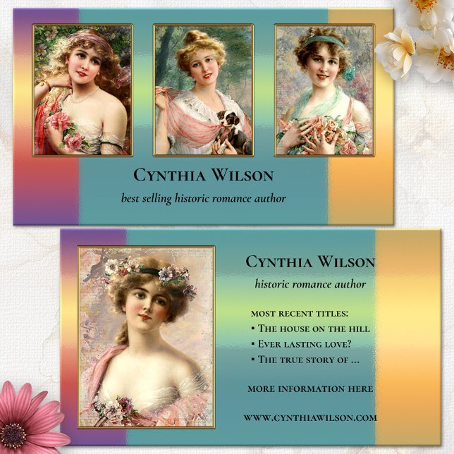 Your Photos Romance Author Book Cover Business Card (Historic romance fiction novelist author book writer photo business card colorful portraits)