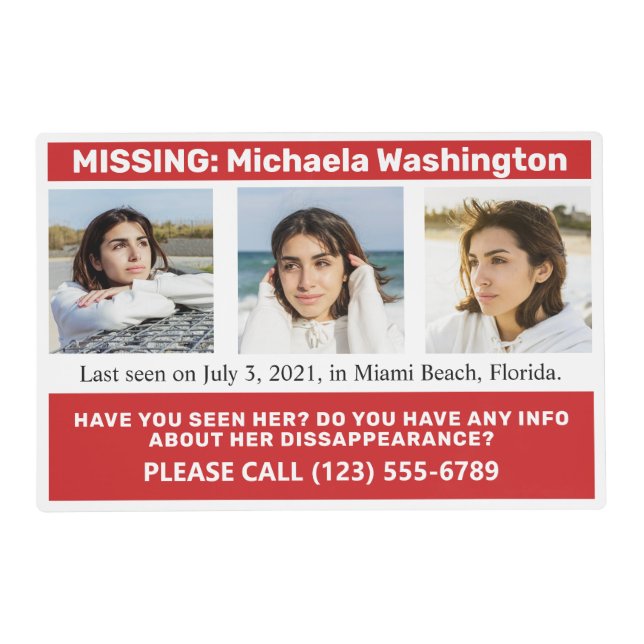 YOUR Photos & Text "MISSING PERSON" Placemat (Front)
