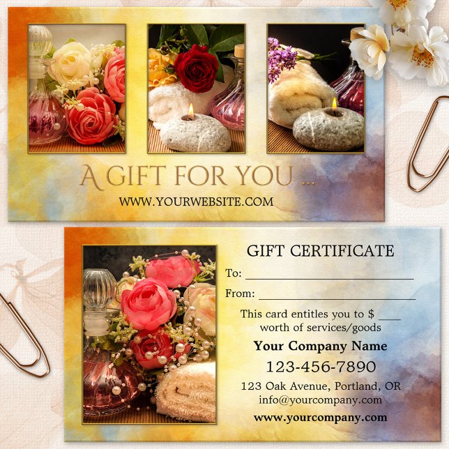 Your Photos Wellness Gift Card (Artistic chic boho gift certificate portfolio template with a gold and colorful watercolor design)