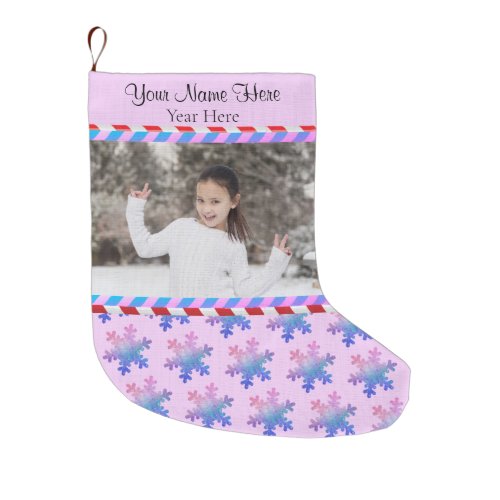 Your PicText Pink Blue Stripes Glitter Snowflake Large Christmas Stocking
